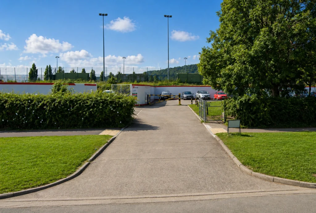 Canton Rugby Club car park entrance on Lawrenny Avenue, Cardiff