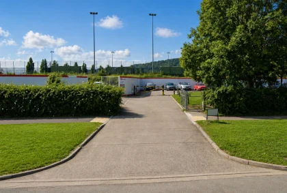 Canton Rugby Club car park entrance on Lawrenny Avenue, Cardiff