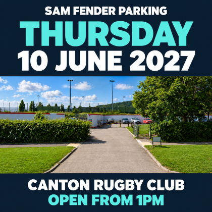 Sam Fender parking, Thursday 10 June 2027, at Canton Rugby Club. Open from 1pm.