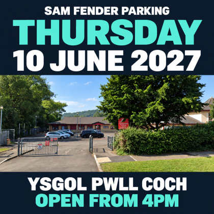 Sam Fender parking, Thursday 10 June 2027, at Ysgol Pwll Coch. Open from 4pm.